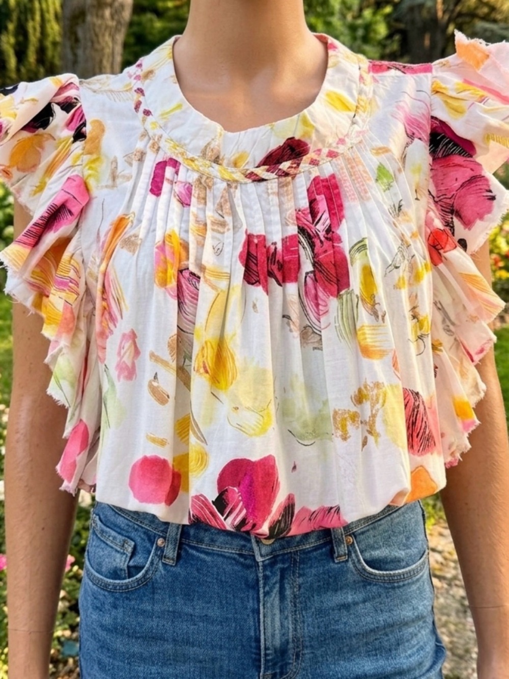 Fairhope Blouse Women’s Large Pink Floral Ruffle Sleeve Braid Neck Top  Cotton - Picture 2 of 8